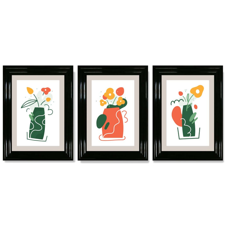 Boho-minimalistischer Kunstdruck mit Blumenmuster in Grün und Orange, 3er-Set gerahmte Kunstdrucke