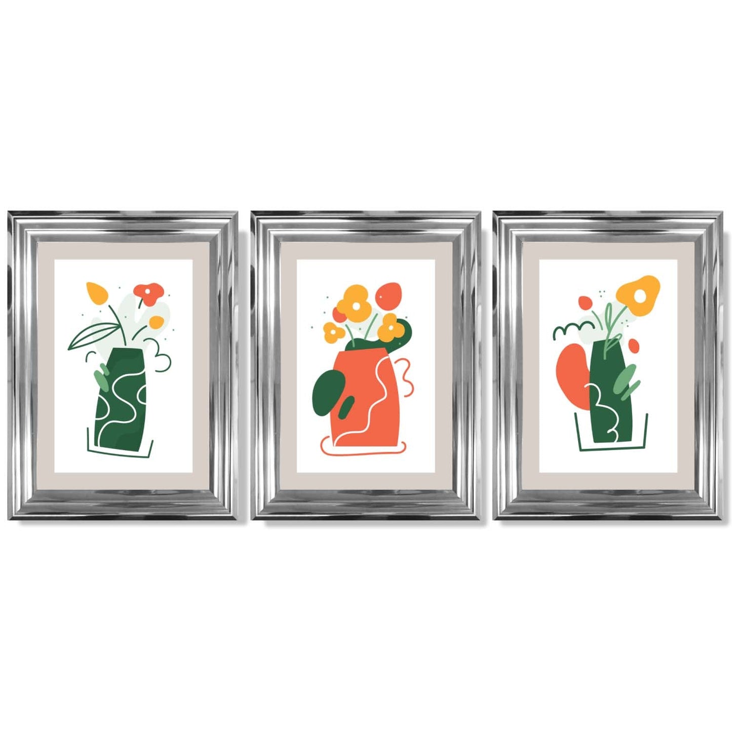 Boho-minimalistischer Kunstdruck mit Blumenmuster in Grün und Orange, 3er-Set gerahmte Kunstdrucke
