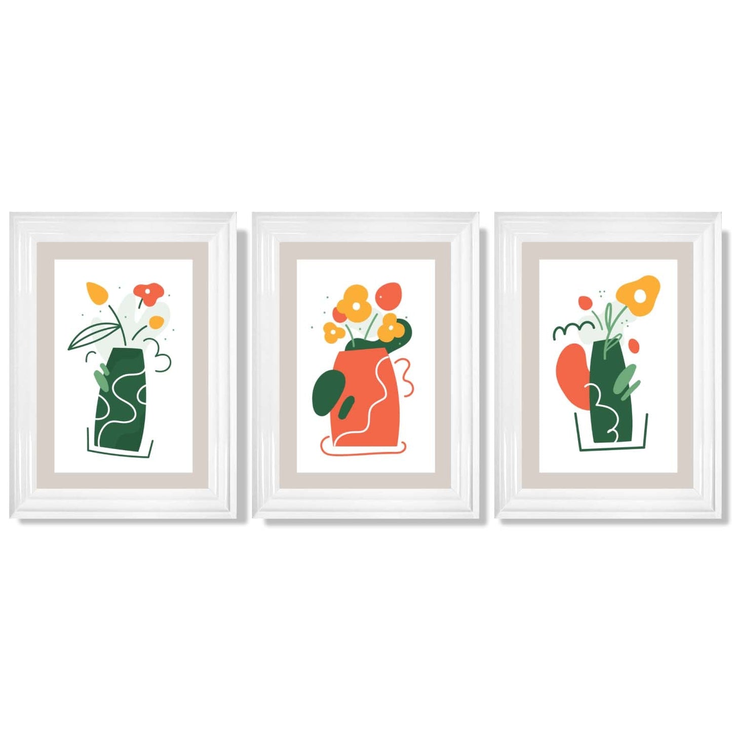 Boho-minimalistischer Kunstdruck mit Blumenmuster in Grün und Orange, 3er-Set gerahmte Kunstdrucke