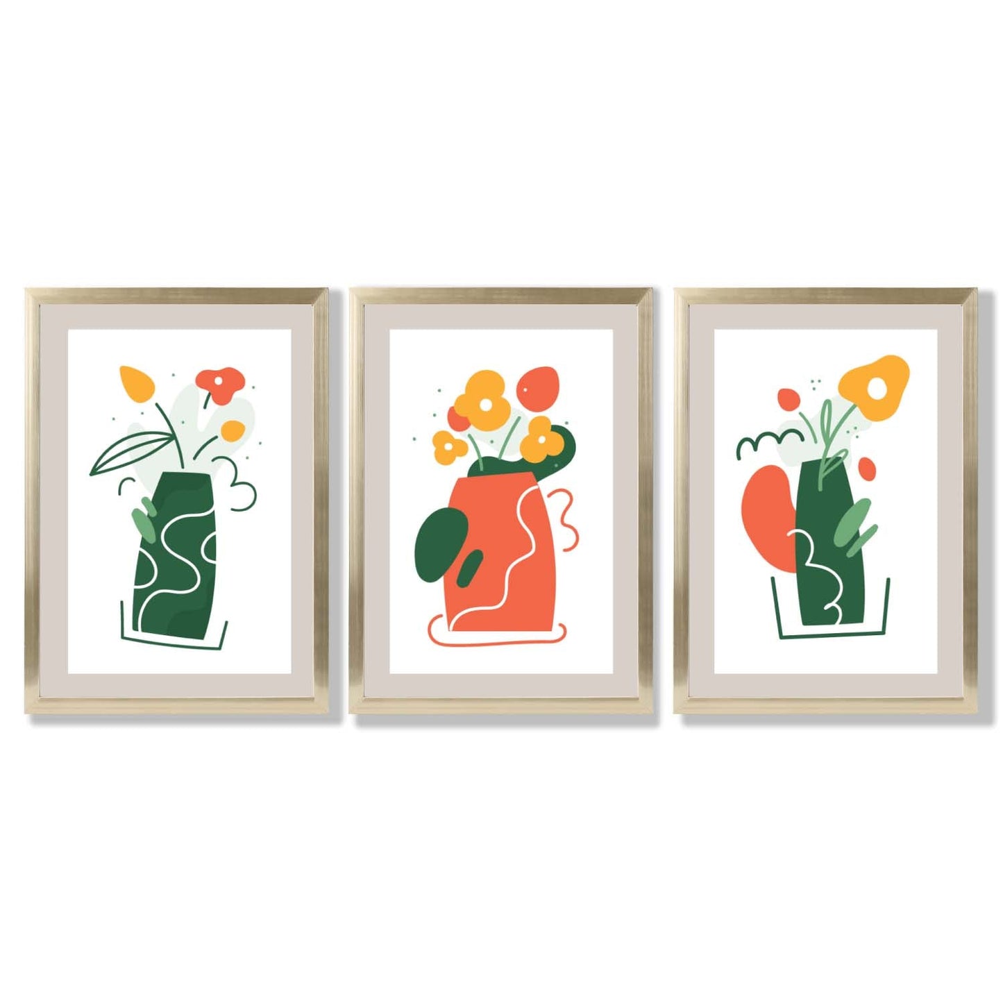 Boho-minimalistischer Kunstdruck mit Blumenmuster in Grün und Orange, 3er-Set gerahmte Kunstdrucke