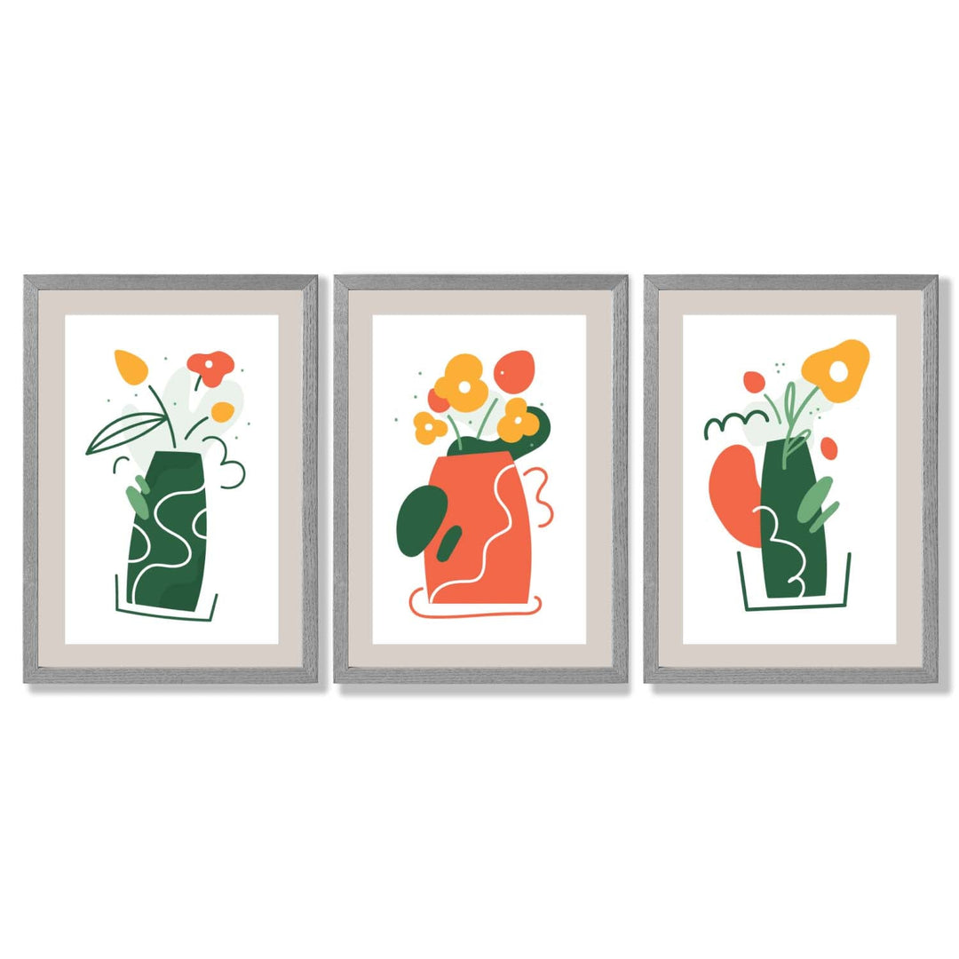 Boho-minimalistischer Kunstdruck mit Blumenmuster in Grün und Orange, 3er-Set gerahmte Kunstdrucke