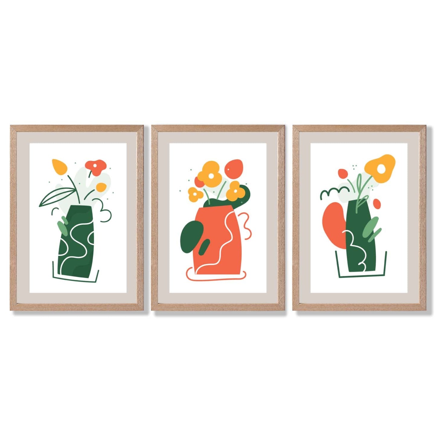 Boho-minimalistischer Kunstdruck mit Blumenmuster in Grün und Orange, 3er-Set gerahmte Kunstdrucke