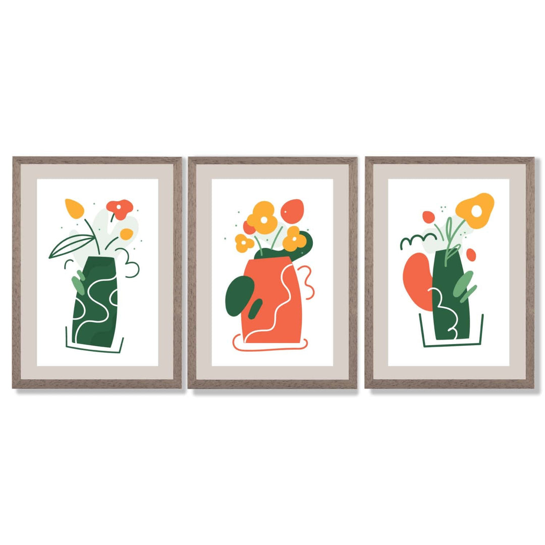 Boho-minimalistischer Kunstdruck mit Blumenmuster in Grün und Orange, 3er-Set gerahmte Kunstdrucke