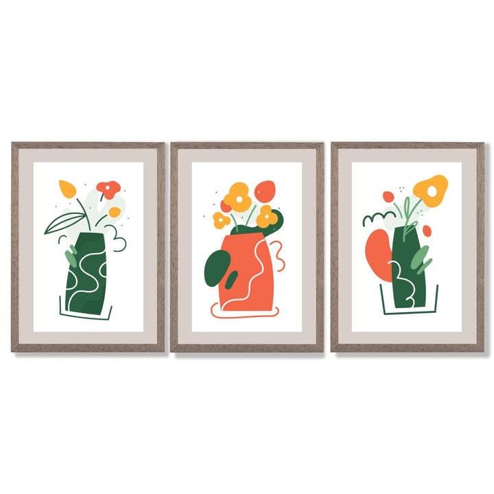 Boho-minimalistischer Kunstdruck mit Blumenmuster in Grün und Orange, 3er-Set gerahmte Kunstdrucke