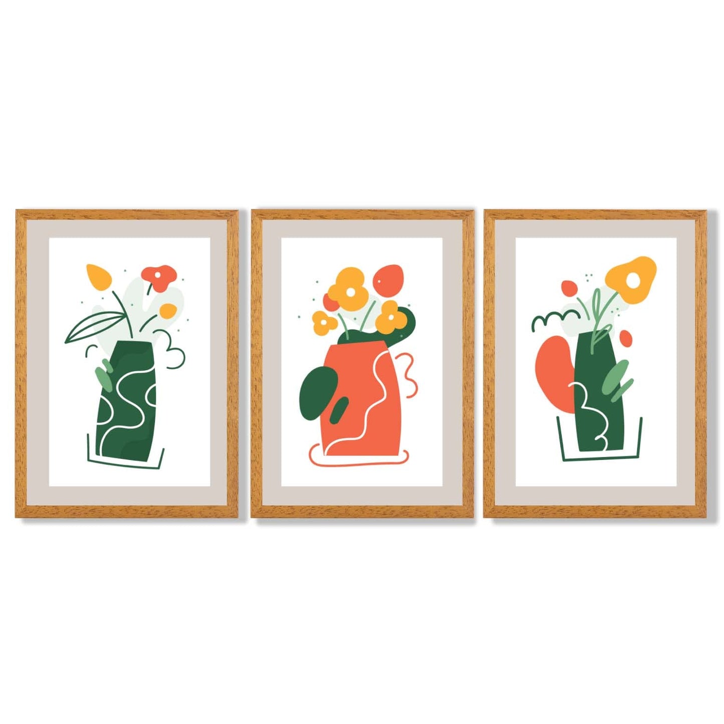 Boho-minimalistischer Kunstdruck mit Blumenmuster in Grün und Orange, 3er-Set gerahmte Kunstdrucke