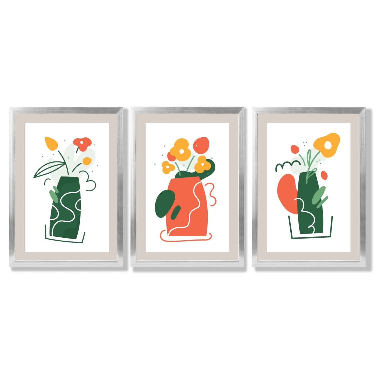 Boho-minimalistischer Kunstdruck mit Blumenmuster in Grün und Orange, 3er-Set gerahmte Kunstdrucke