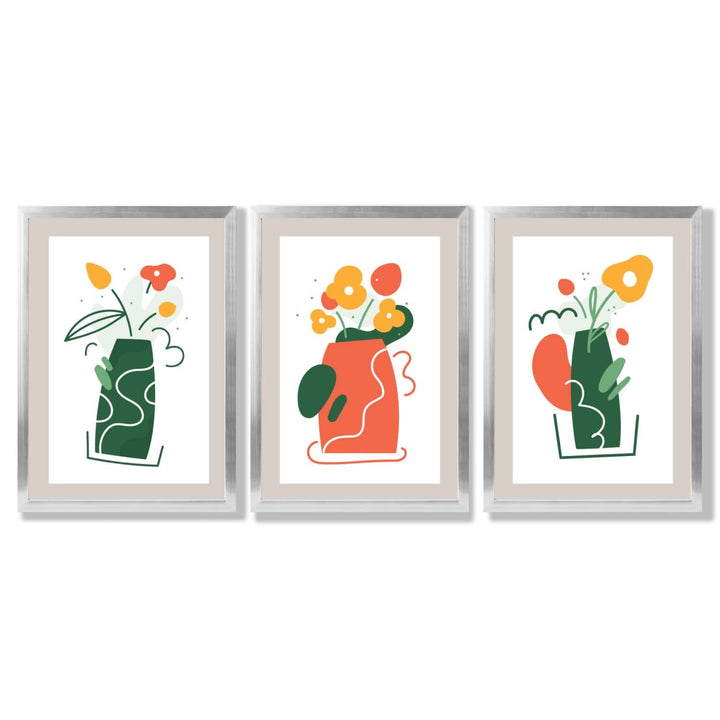 Boho-minimalistischer Kunstdruck mit Blumenmuster in Grün und Orange, 3er-Set gerahmte Kunstdrucke