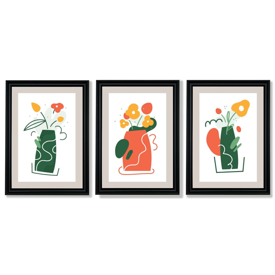 Boho-minimalistischer Kunstdruck mit Blumenmuster in Grün und Orange, 3er-Set gerahmte Kunstdrucke