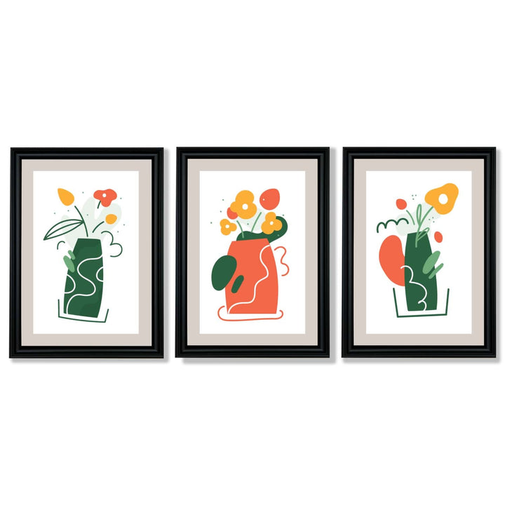 Boho-minimalistischer Kunstdruck mit Blumenmuster in Grün und Orange, 3er-Set gerahmte Kunstdrucke