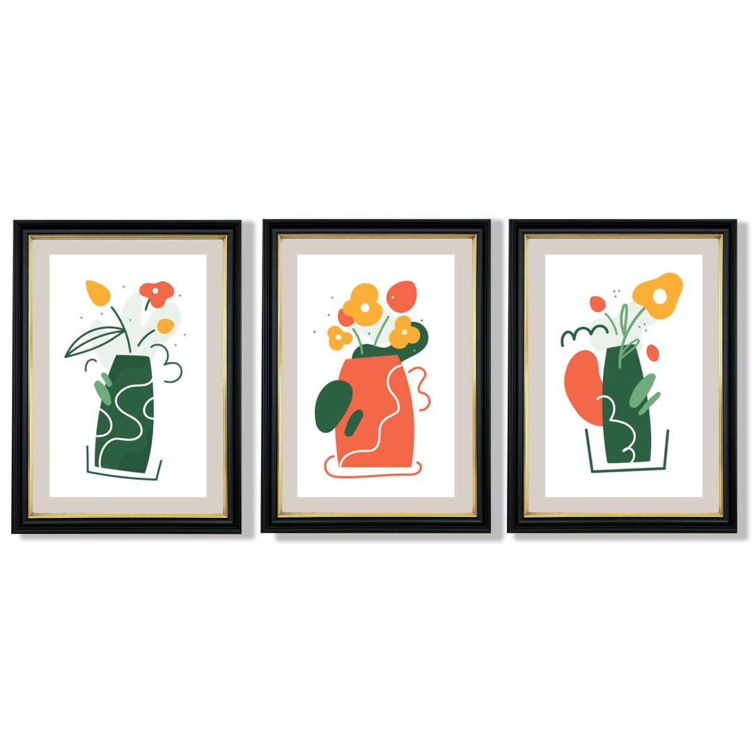 Boho-minimalistischer Kunstdruck mit Blumenmuster in Grün und Orange, 3er-Set gerahmte Kunstdrucke