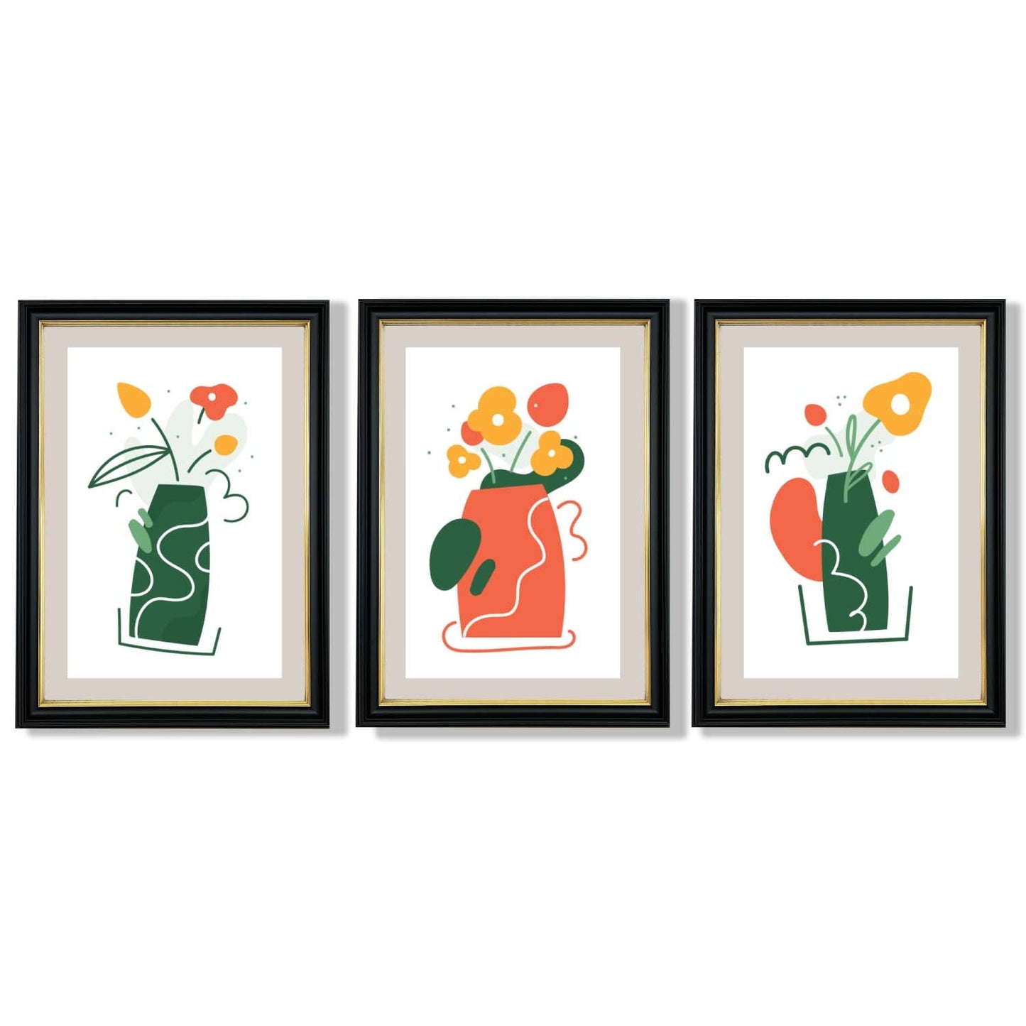 Boho-minimalistischer Kunstdruck mit Blumenmuster in Grün und Orange, 3er-Set gerahmte Kunstdrucke