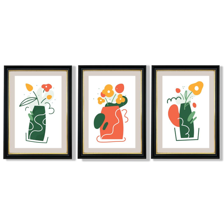 Boho-minimalistischer Kunstdruck mit Blumenmuster in Grün und Orange, 3er-Set gerahmte Kunstdrucke