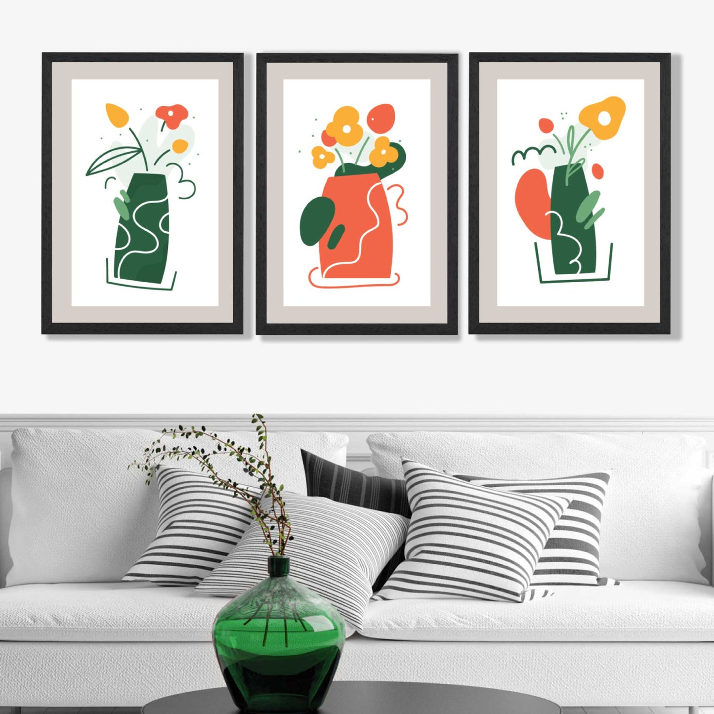 Boho-minimalistisches florales Set aus 3 Kunstdrucken in Grün und Orange