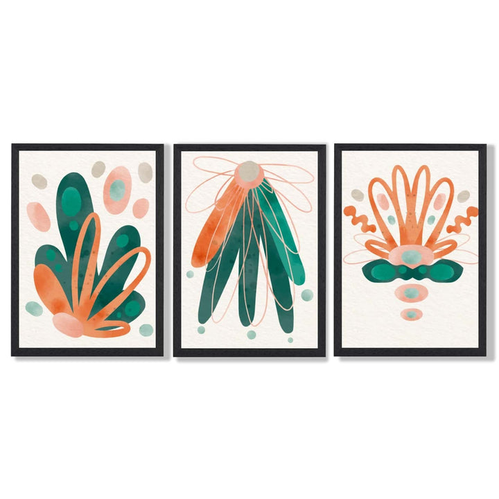 Abstraktes grün-oranges Blumenmuster, 3 gerahmte Kunstdrucke