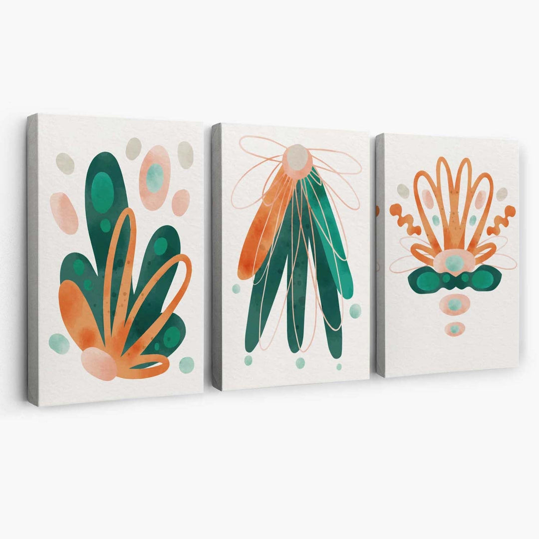 Abstraktes grün-oranges Blumen-Set aus 3 Leinwanddrucken