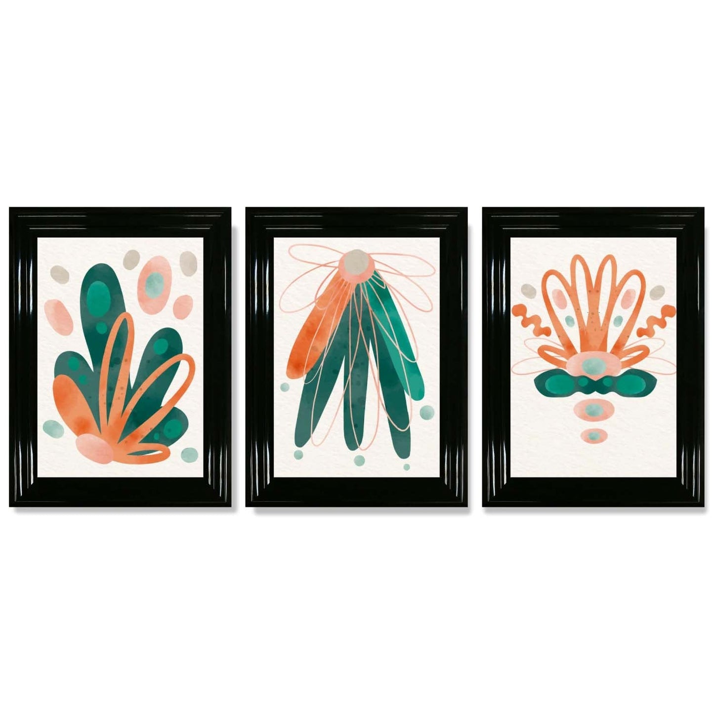 Abstraktes grün-oranges Blumenmuster, 3 gerahmte Kunstdrucke