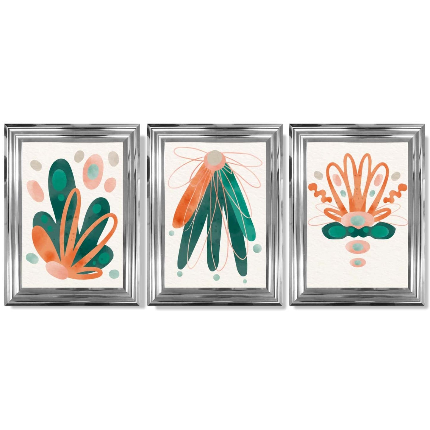 Abstraktes grün-oranges Blumenmuster, 3 gerahmte Kunstdrucke