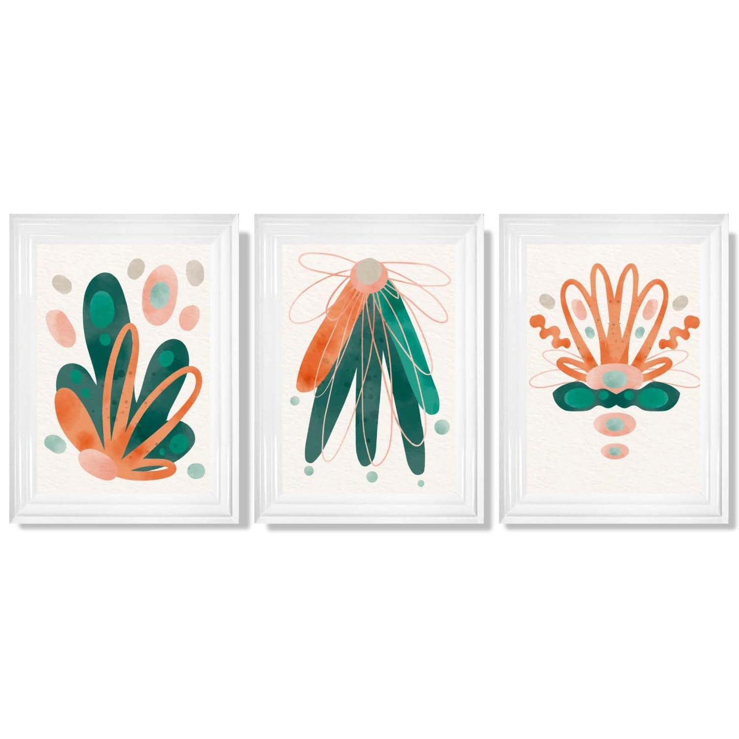 Abstraktes grün-oranges Blumenmuster, 3 gerahmte Kunstdrucke