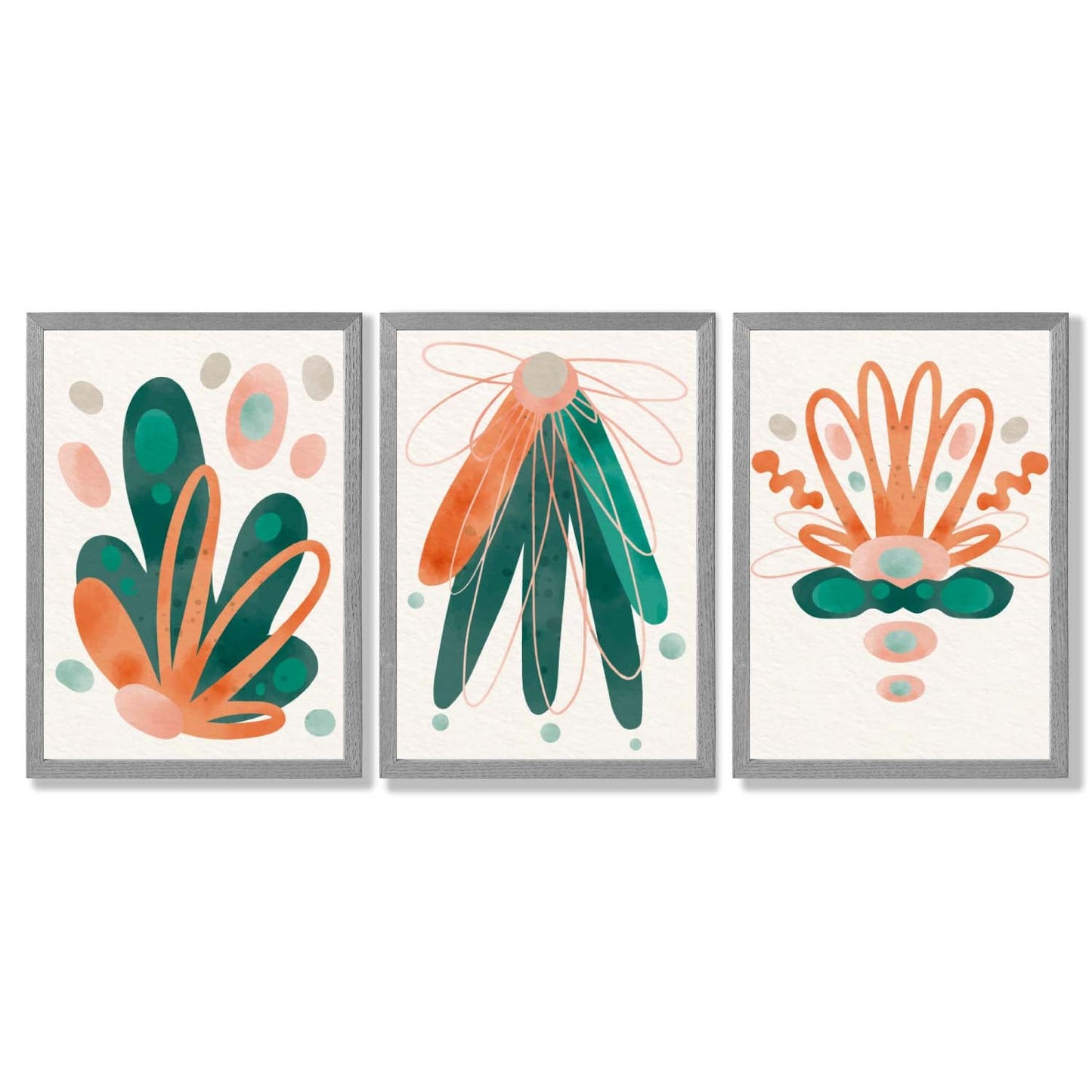Abstraktes grün-oranges Blumenmuster, 3 gerahmte Kunstdrucke