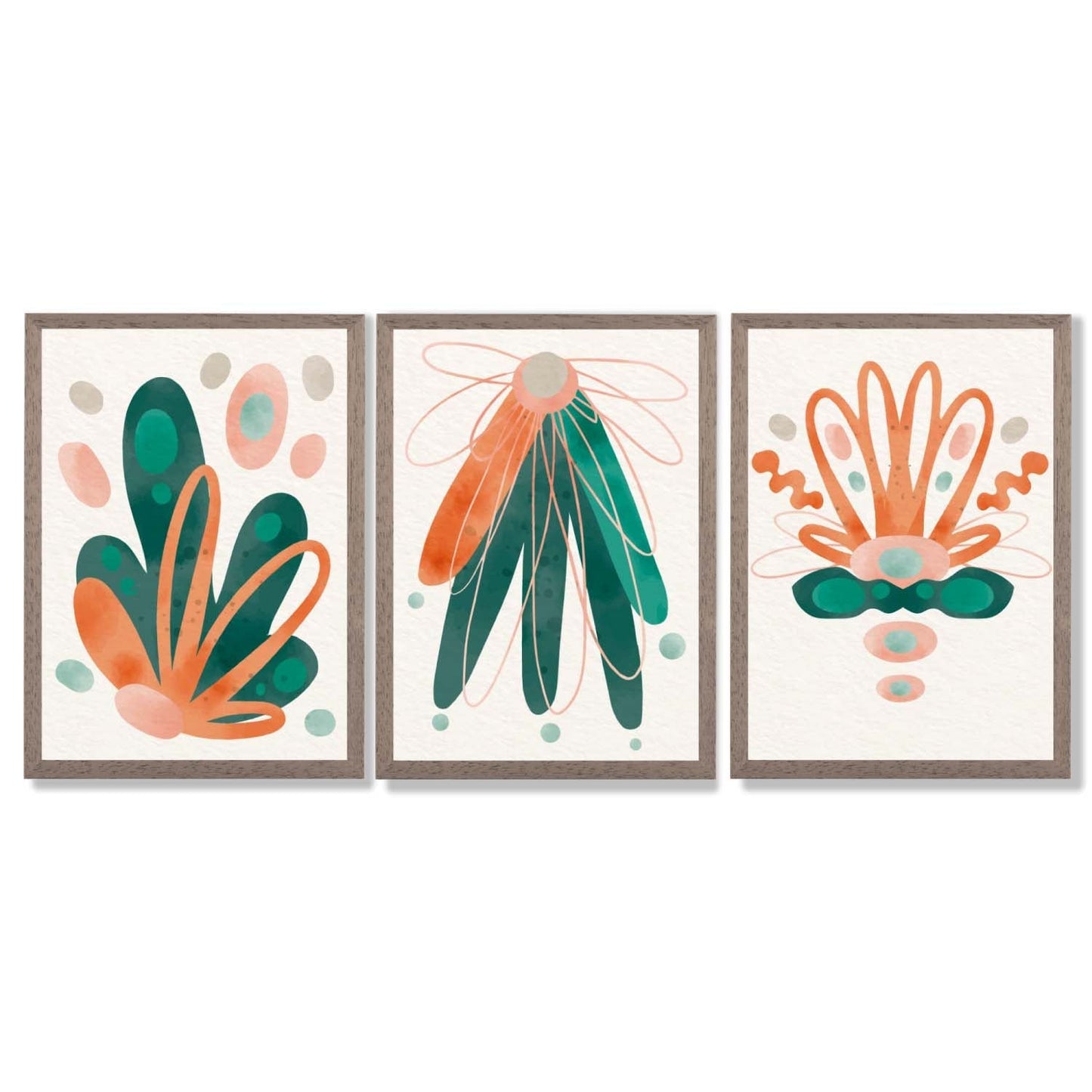 Abstraktes grün-oranges Blumenmuster, 3 gerahmte Kunstdrucke