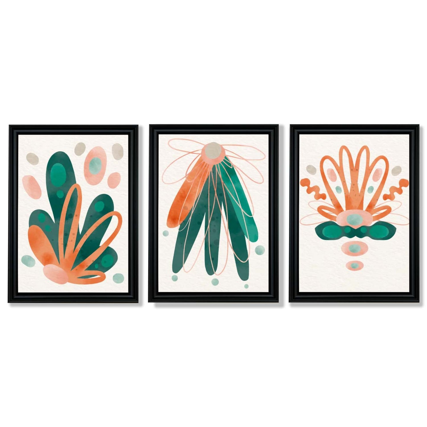 Abstraktes grün-oranges Blumenmuster, 3 gerahmte Kunstdrucke