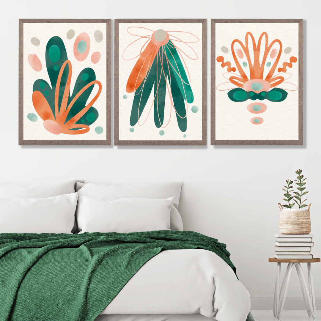 Abstraktes grün-oranges Blumenmuster, 3er-Set Kunstdrucke