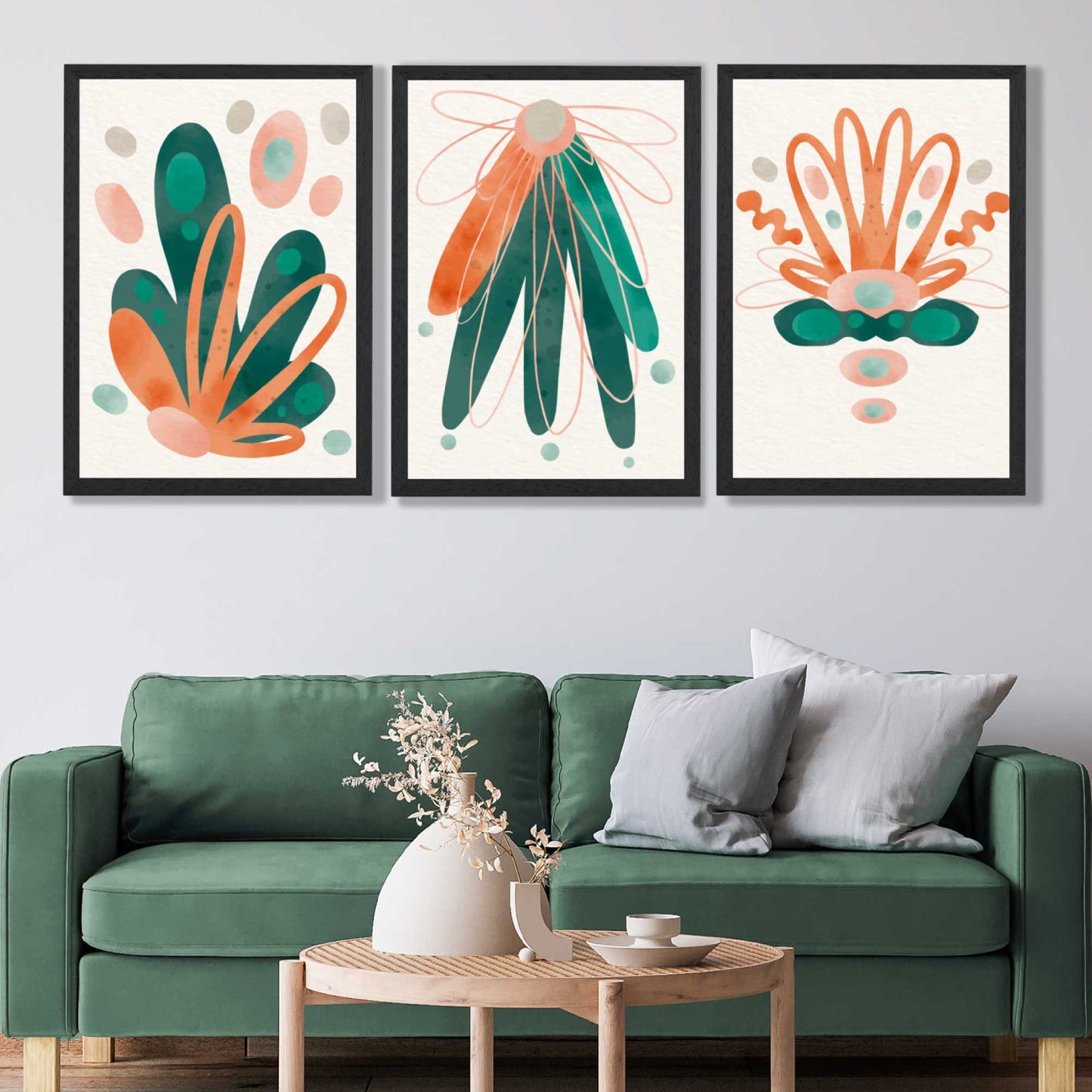 Abstraktes grün-oranges Blumenmuster, 3er-Set Kunstdrucke
