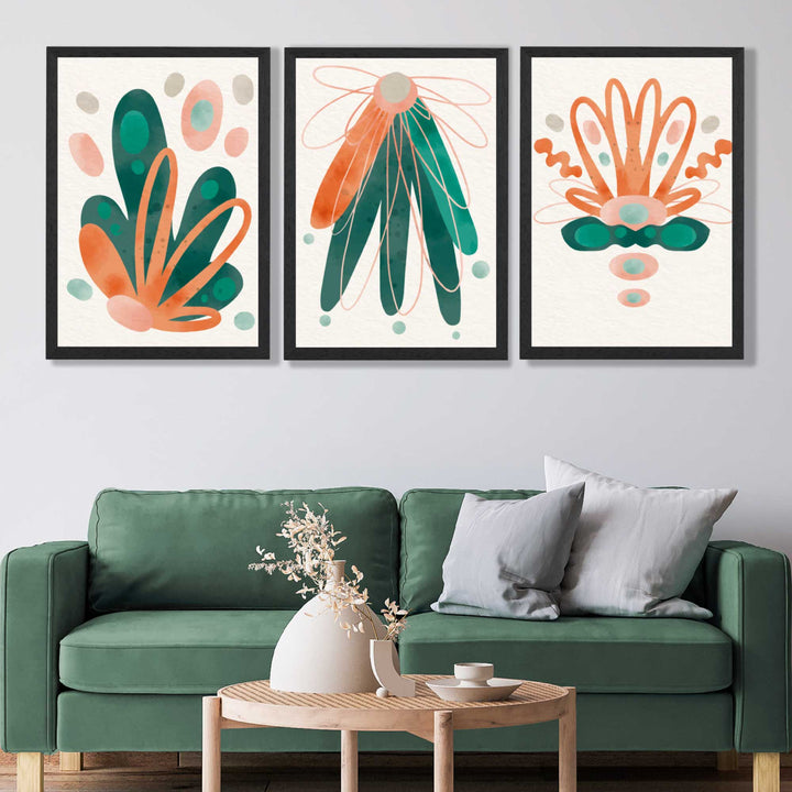 Abstraktes grün-oranges Blumenmuster, 3er-Set Kunstdrucke