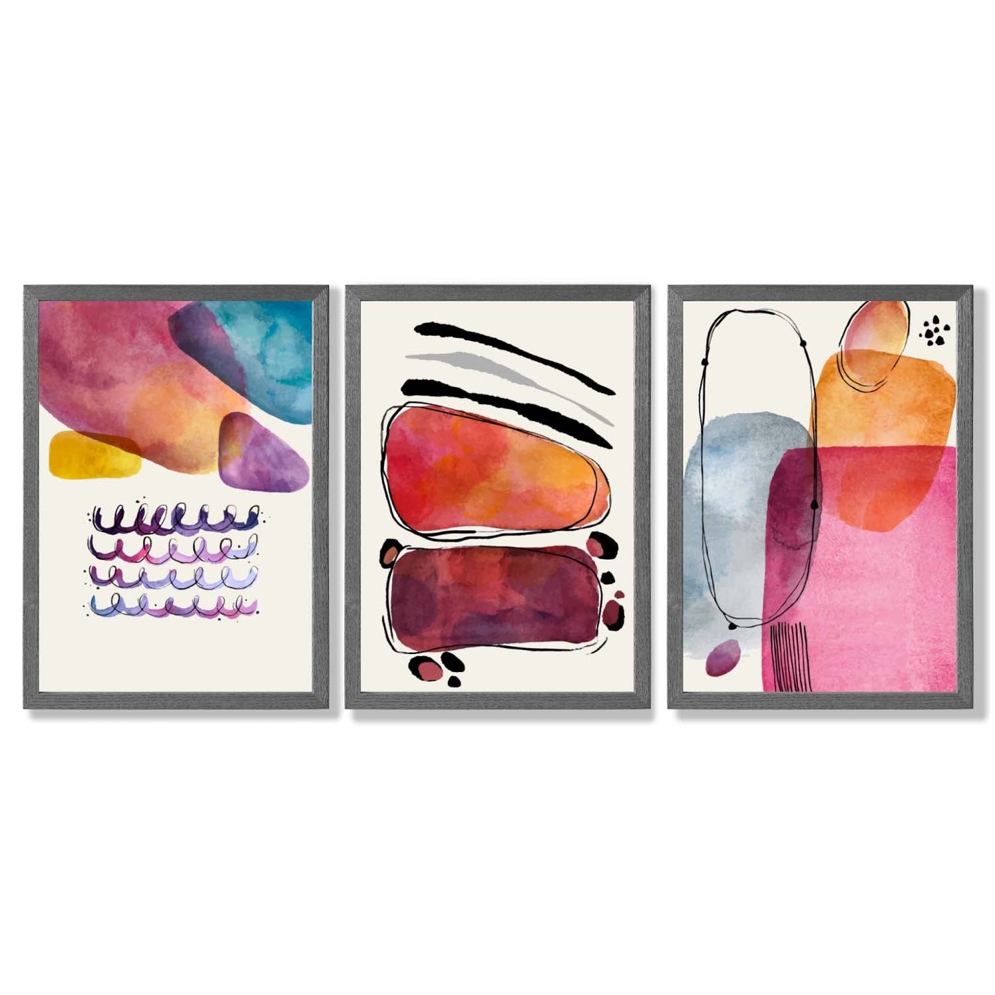 Abstrakte Formen, Rosa-Lila, 3er-Set gerahmter Kunstdrucke