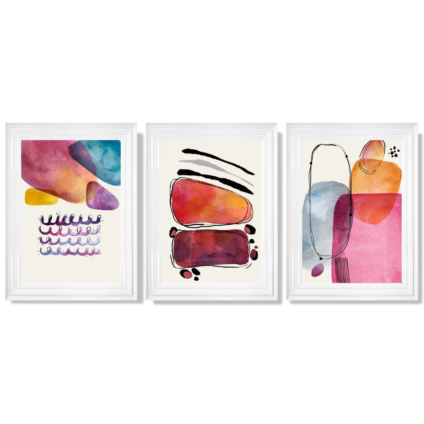 Abstrakte Formen, Rosa-Lila, 3er-Set gerahmter Kunstdrucke