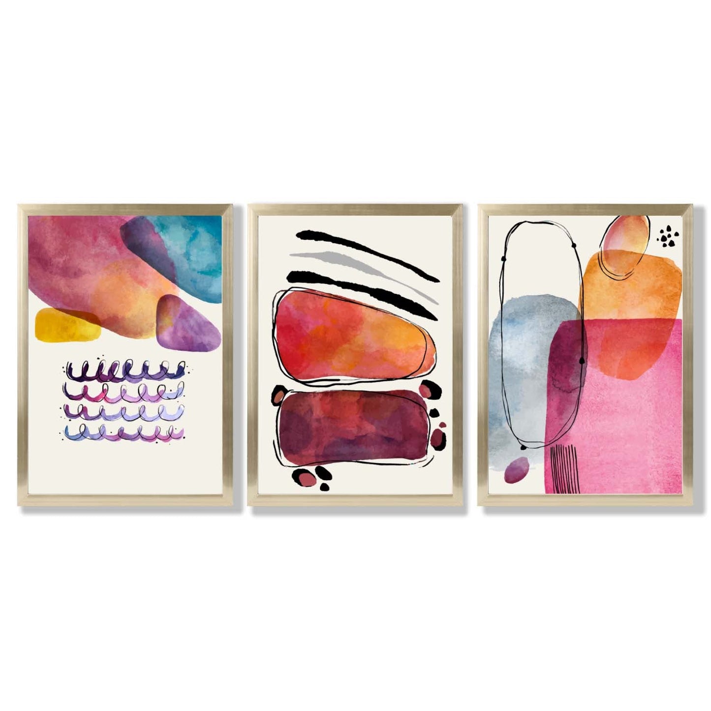 Abstrakte Formen, Rosa-Lila, 3er-Set gerahmter Kunstdrucke