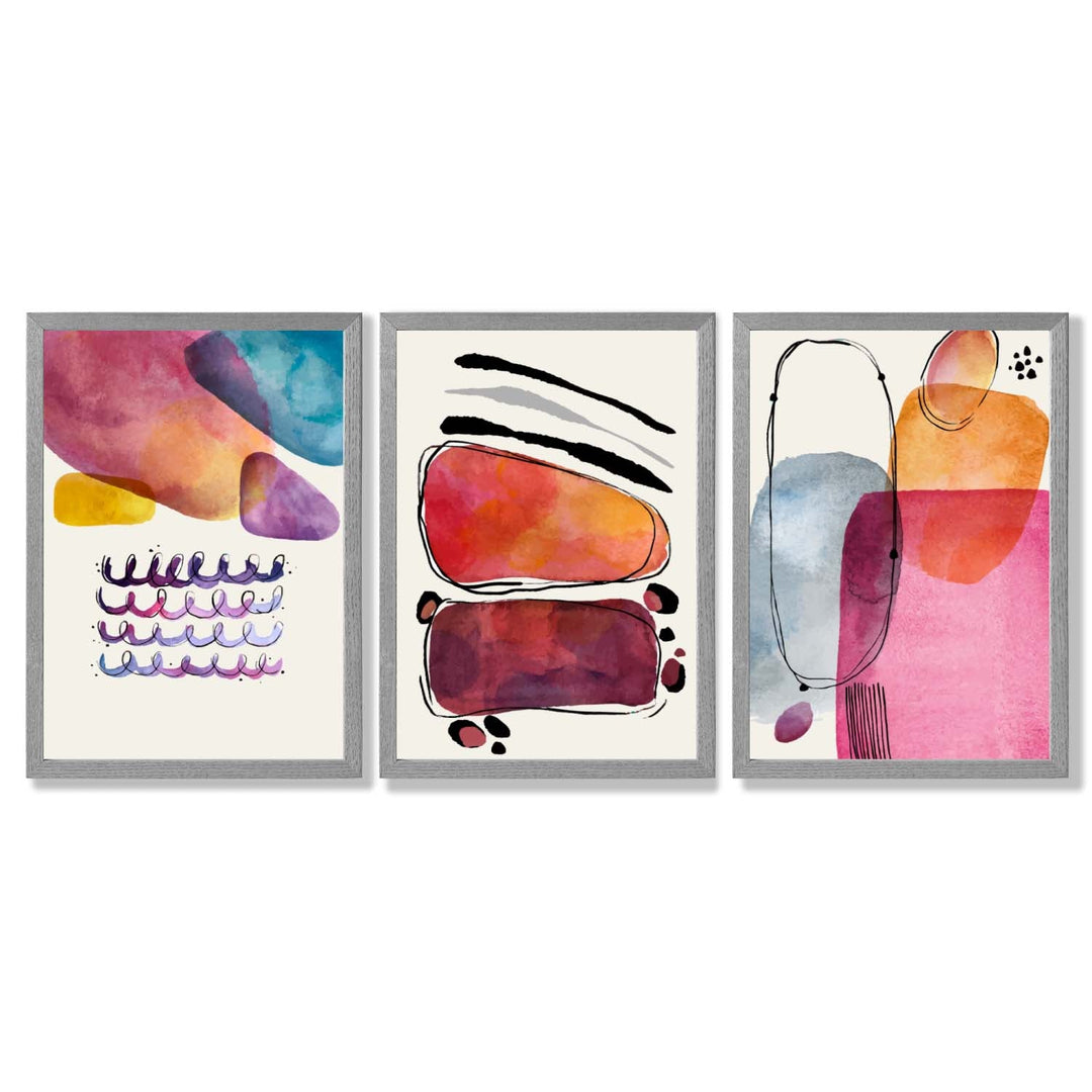 Abstrakte Formen, Rosa-Lila, 3er-Set gerahmter Kunstdrucke