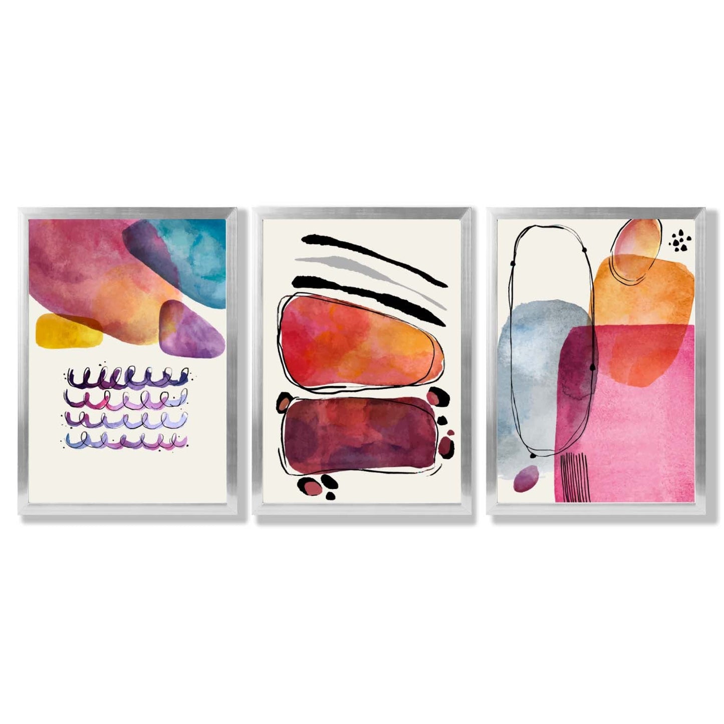 Abstrakte Formen, Rosa-Lila, 3er-Set gerahmter Kunstdrucke