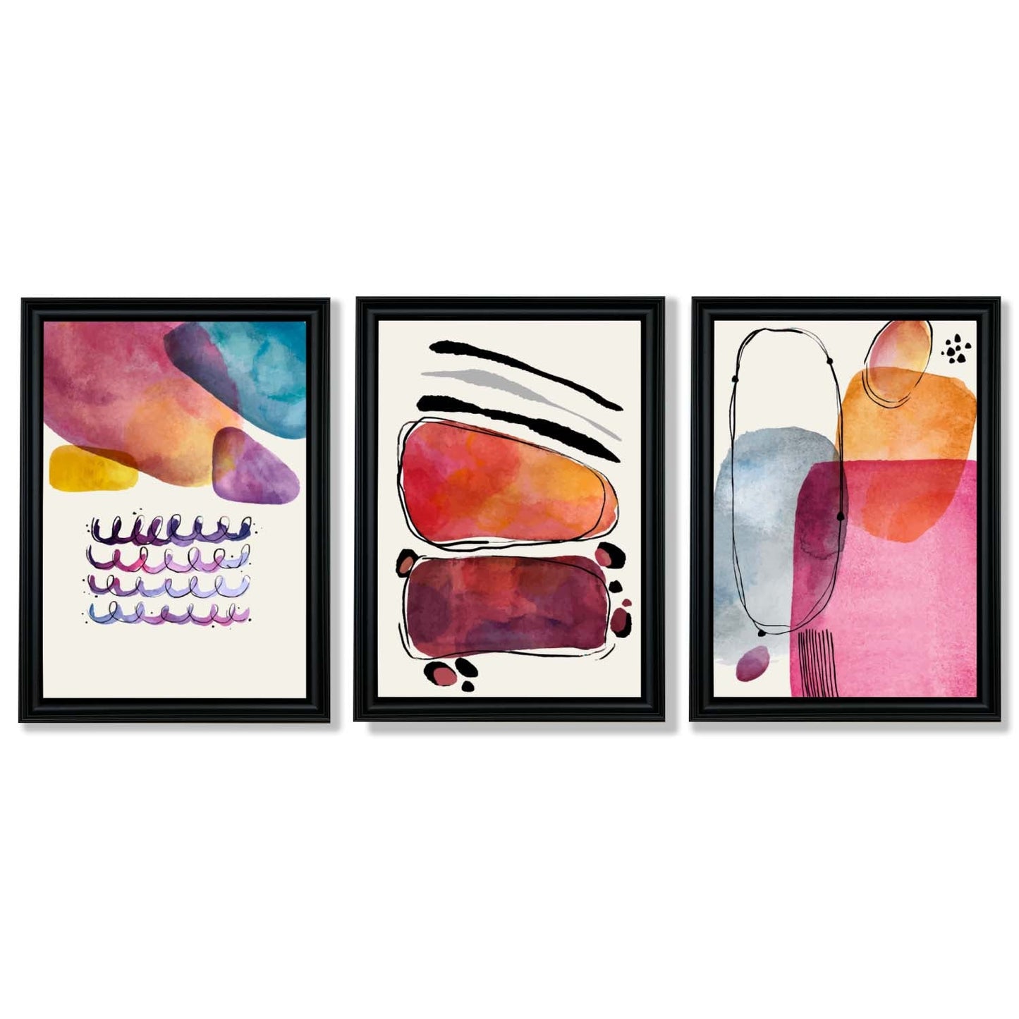 Abstrakte Formen, Rosa-Lila, 3er-Set gerahmter Kunstdrucke
