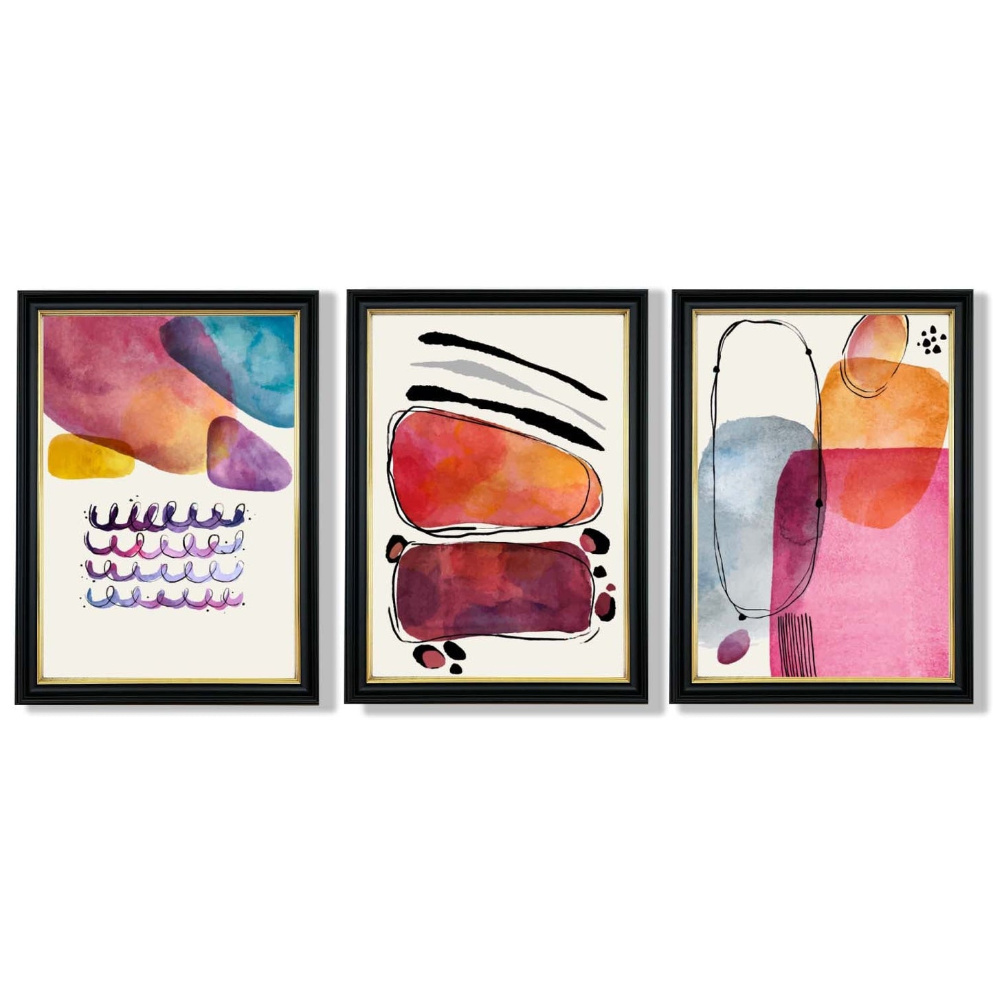 Abstrakte Formen, Rosa-Lila, 3er-Set gerahmter Kunstdrucke