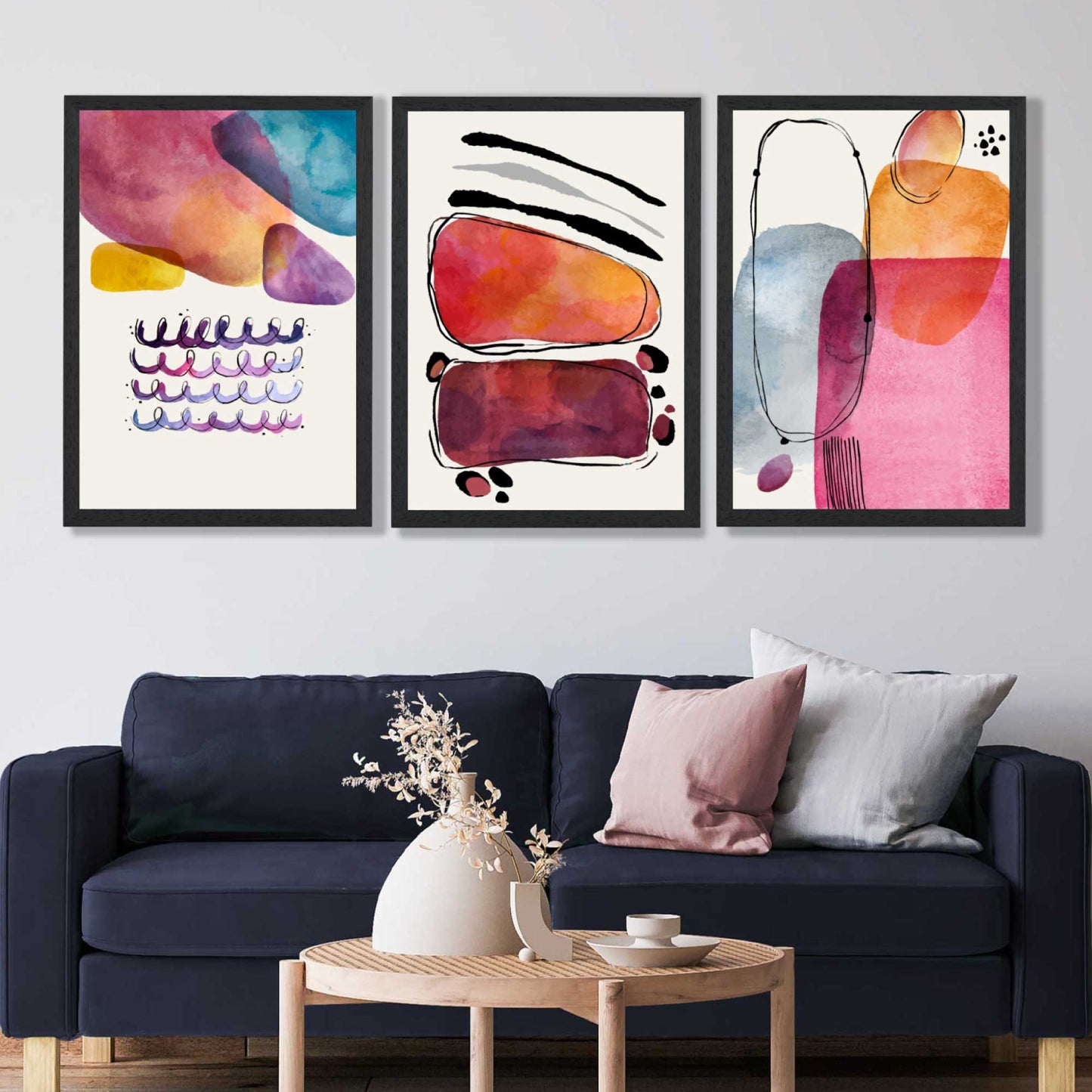 Abstrakte Formen, Rosa-Lila, 3er-Set gerahmter Kunstdrucke