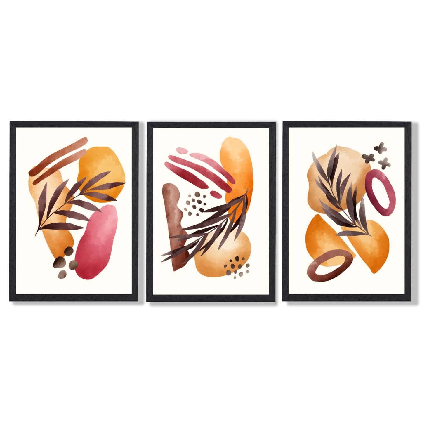 Abstraktes tropisches Herbstmotiv – Set aus 3 gerahmten Kunstdrucken