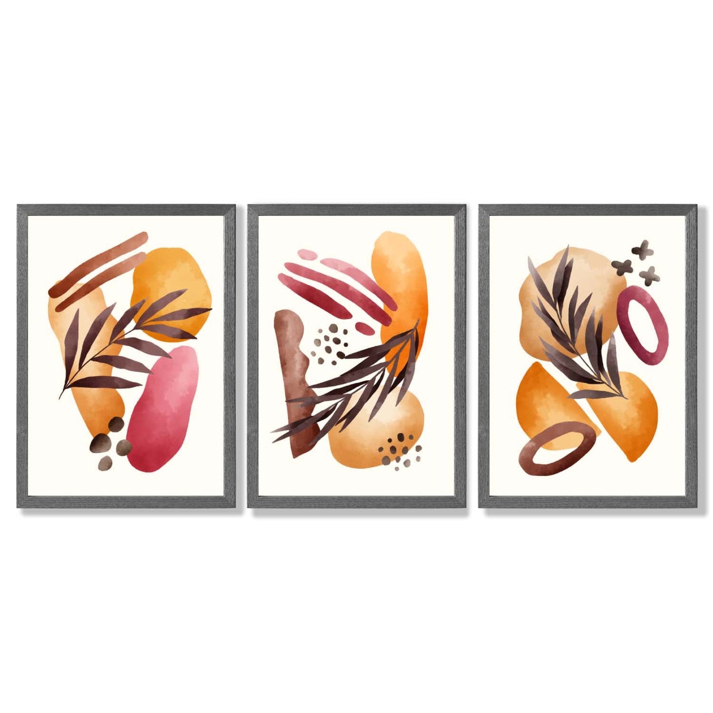 Abstraktes tropisches Herbstmotiv – Set aus 3 gerahmten Kunstdrucken
