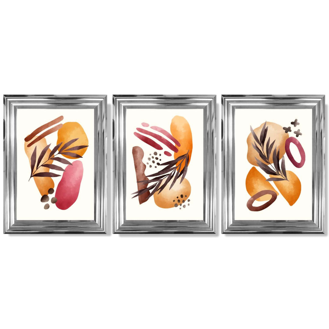 Abstraktes tropisches Herbstmotiv – Set aus 3 gerahmten Kunstdrucken