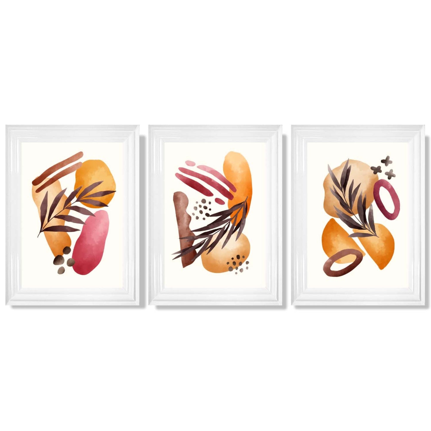 Abstraktes tropisches Herbstmotiv – Set aus 3 gerahmten Kunstdrucken