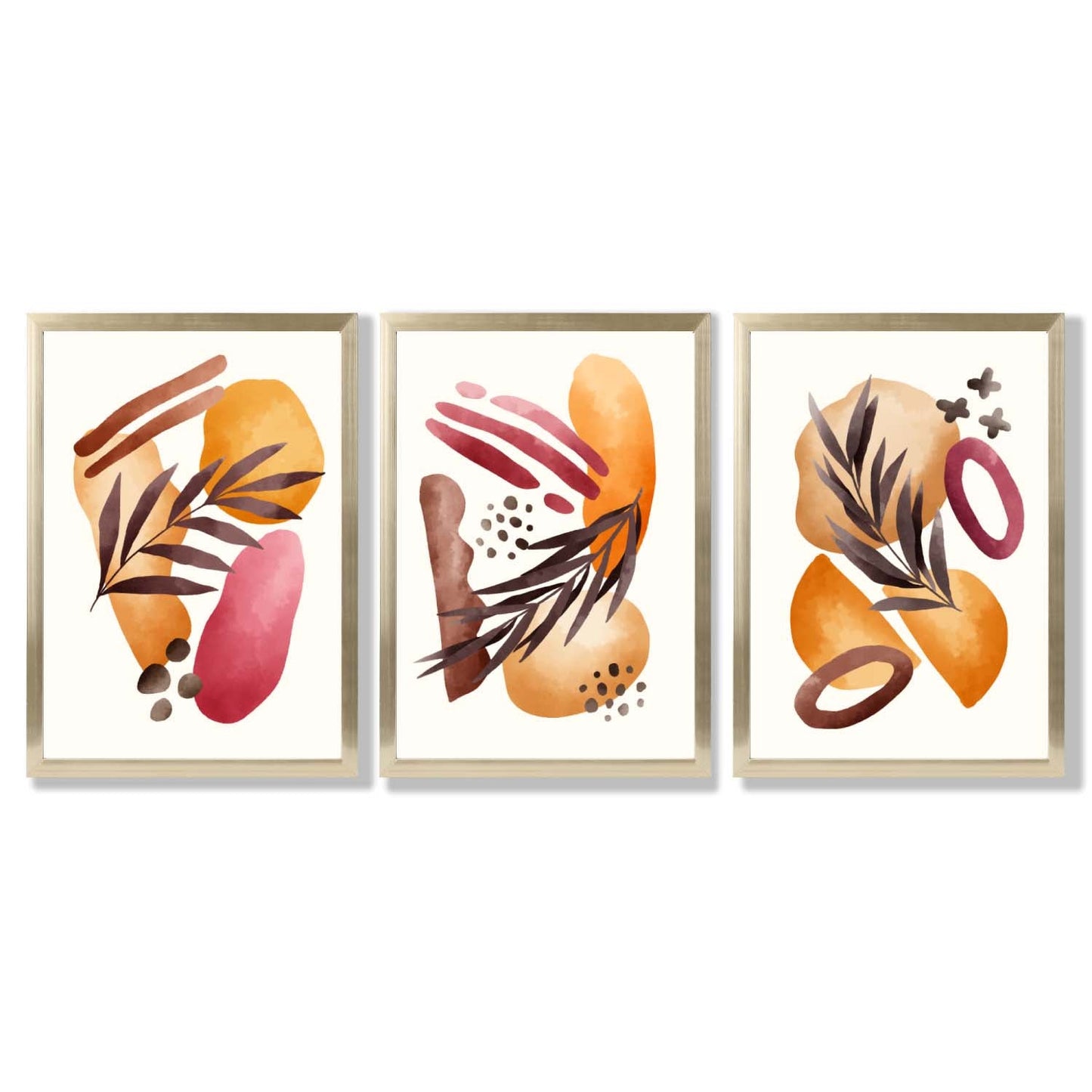 Abstraktes tropisches Herbstmotiv – Set aus 3 gerahmten Kunstdrucken