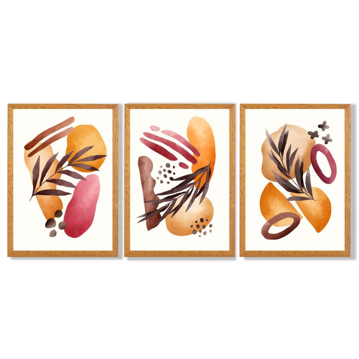 Abstraktes tropisches Herbstmotiv – Set aus 3 gerahmten Kunstdrucken