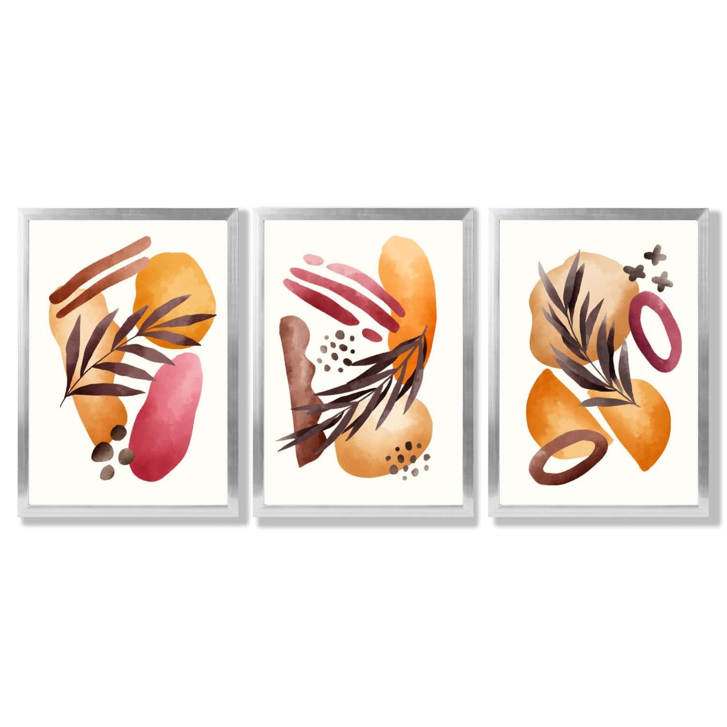 Abstraktes tropisches Herbstmotiv – Set aus 3 gerahmten Kunstdrucken