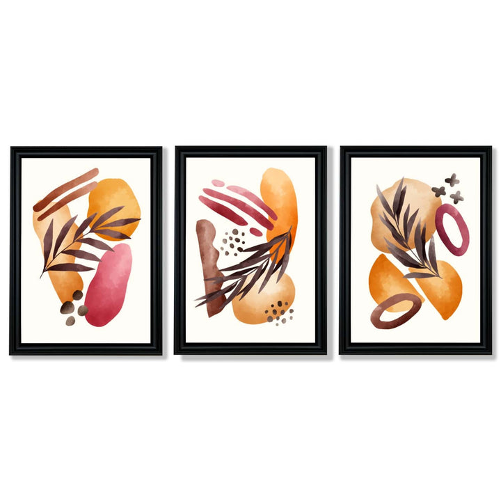 Abstraktes tropisches Herbstmotiv – Set aus 3 gerahmten Kunstdrucken