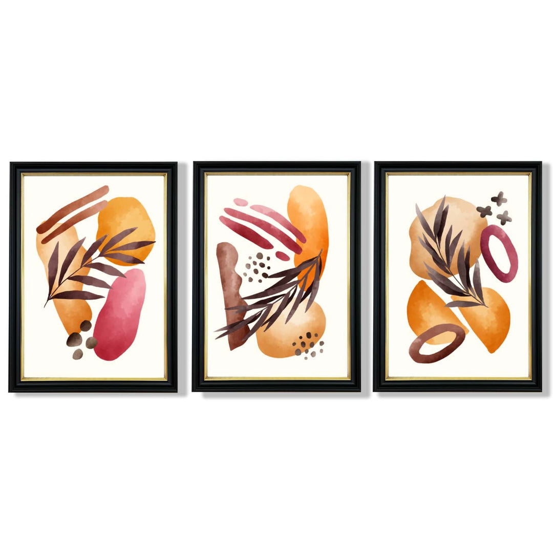 Abstraktes tropisches Herbstmotiv – Set aus 3 gerahmten Kunstdrucken