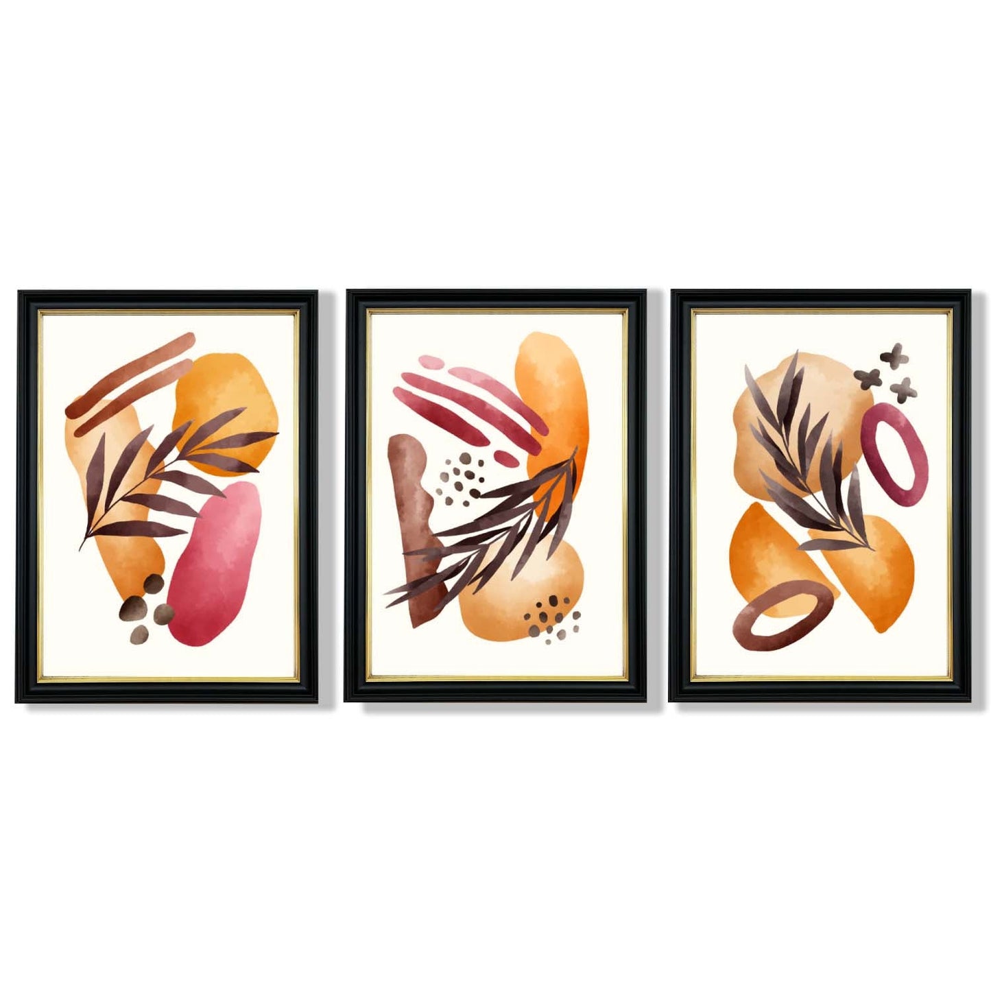 Abstraktes tropisches Herbstmotiv – Set aus 3 gerahmten Kunstdrucken