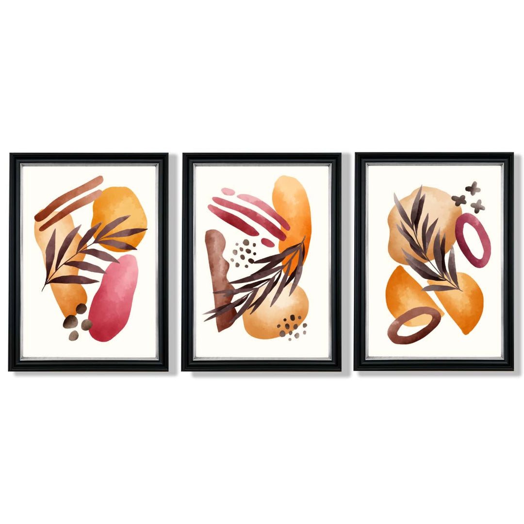 Abstraktes tropisches Herbstmotiv – Set aus 3 gerahmten Kunstdrucken