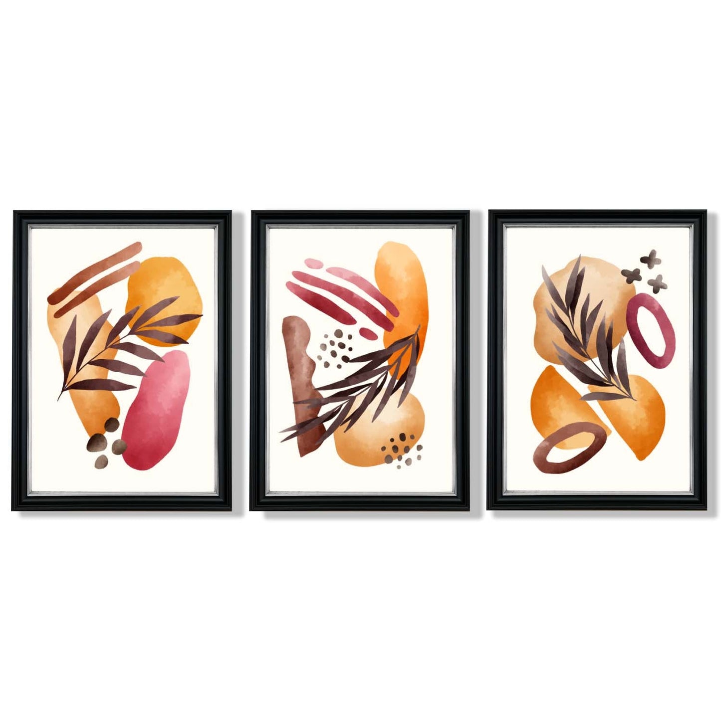 Abstraktes tropisches Herbstmotiv – Set aus 3 gerahmten Kunstdrucken