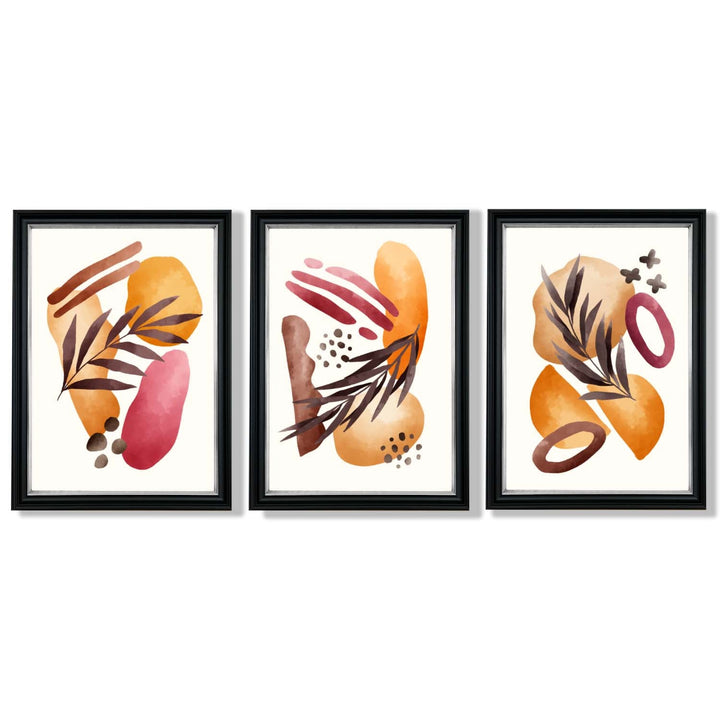 Abstraktes tropisches Herbstmotiv – Set aus 3 gerahmten Kunstdrucken