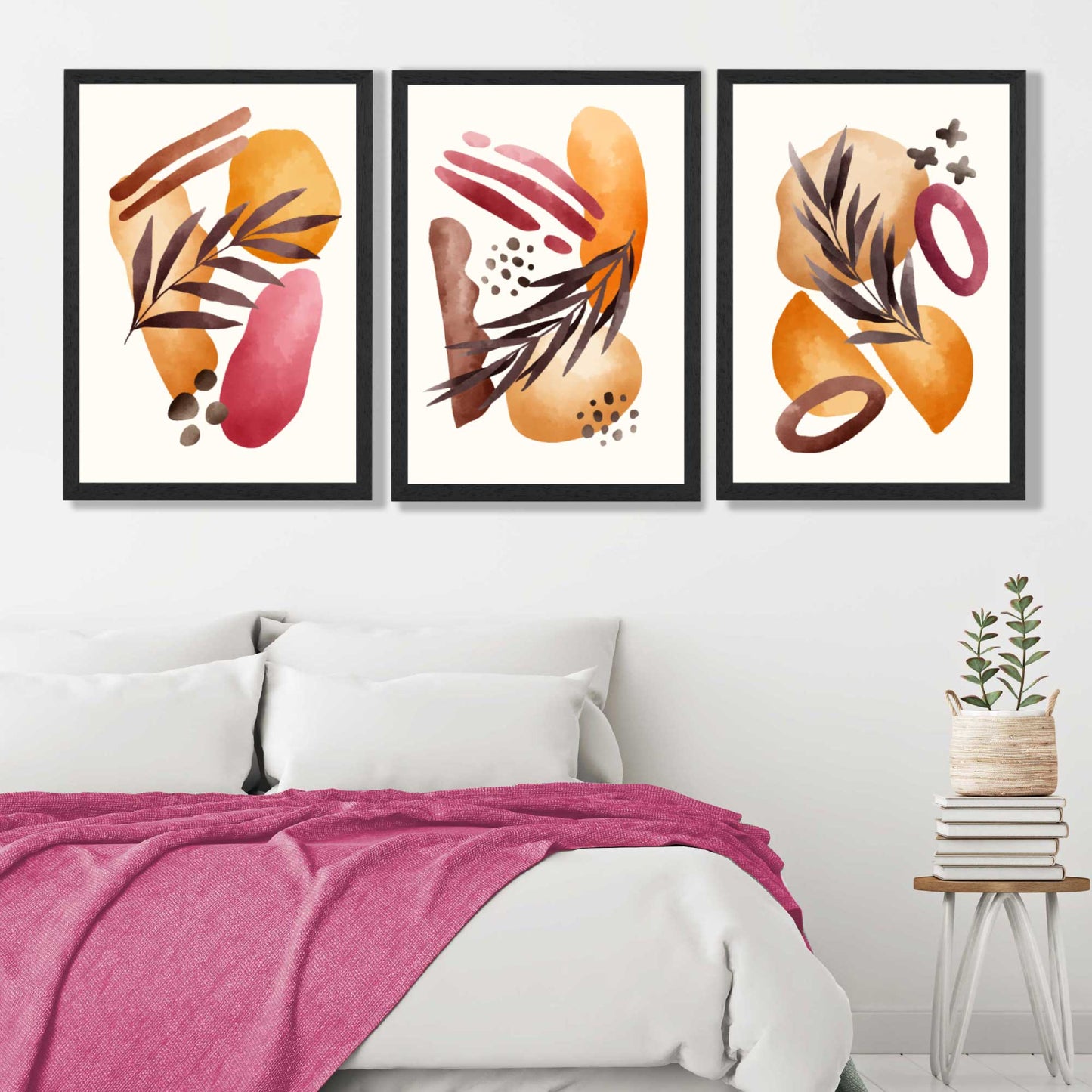 Abstraktes tropisches Herbstmotiv – Set aus 3 gerahmten Kunstdrucken